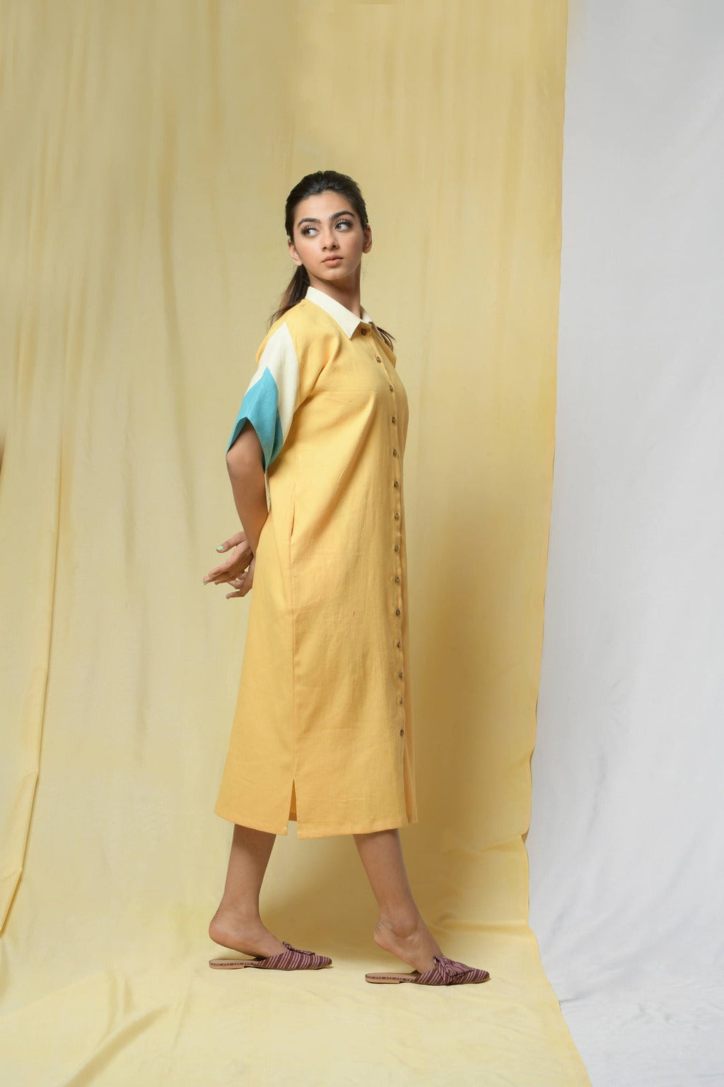 Yellow Beauty In Truth Shirt Dress by Niraa with Cotton khadi, Natural with azo dyes, Office Wear, Relaxed Fit, Shirt Dresses, Shirts, Solids, Tales of rippling brooks, Womenswear, Yellow at Kamakhyaa for sustainable fashion