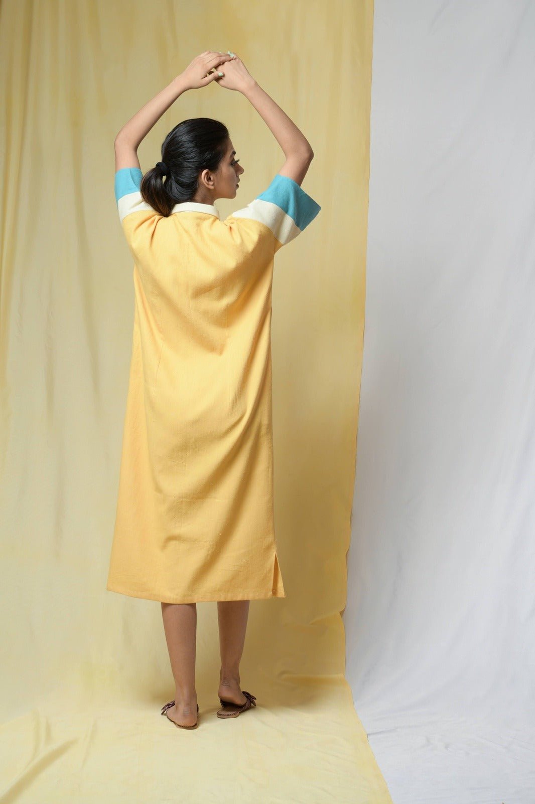 Yellow Beauty In Truth Shirt Dress by Niraa with Cotton khadi, Natural with azo dyes, Office Wear, Relaxed Fit, Shirt Dresses, Shirts, Solids, Tales of rippling brooks, Womenswear, Yellow at Kamakhyaa for sustainable fashion