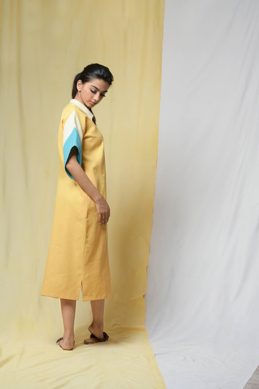 Yellow Beauty In Truth Shirt Dress by Niraa with Cotton khadi, Natural with azo dyes, Office Wear, Relaxed Fit, Shirt Dresses, Shirts, Solids, Tales of rippling brooks, Womenswear, Yellow at Kamakhyaa for sustainable fashion