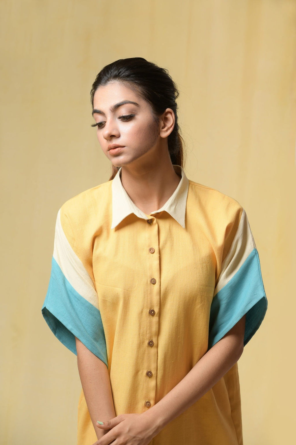 Yellow Beauty In Truth Shirt Dress by Niraa with Cotton khadi, Natural with azo dyes, Office Wear, Relaxed Fit, Shirt Dresses, Shirts, Solids, Tales of rippling brooks, Womenswear, Yellow at Kamakhyaa for sustainable fashion