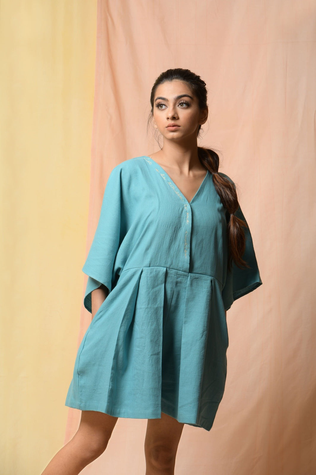 Blue Steel In Spirit Jumpsuit by Niraa with Blue, Cotton khadi, Evening Wear, Fitted At Waist, Jumpsuits, Natural with azo dyes, rompers, Solids, Tales of rippling brooks, Womenswear at Kamakhyaa for sustainable fashion