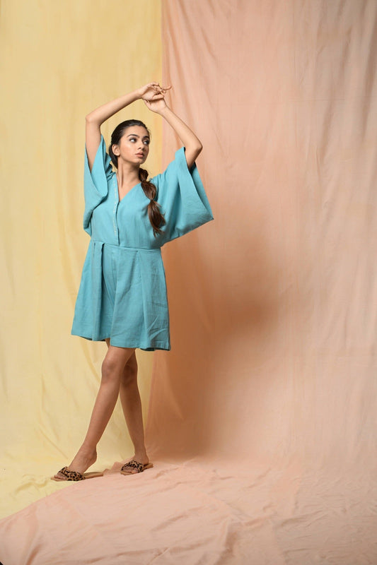 Blue Steel In Spirit Jumpsuit by Niraa with Blue, Cotton khadi, Evening Wear, Fitted At Waist, Jumpsuits, Natural with azo dyes, rompers, Solids, Tales of rippling brooks, Womenswear at Kamakhyaa for sustainable fashion