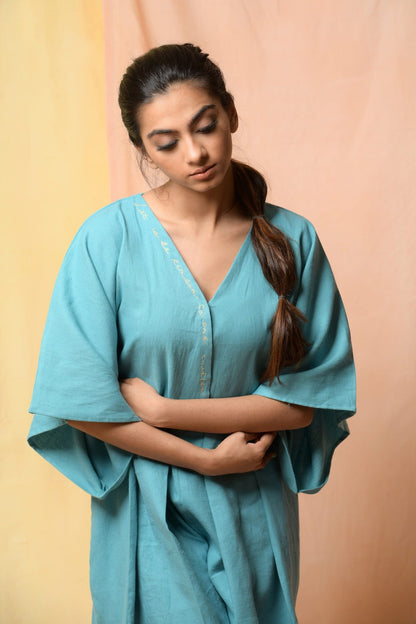 Blue Steel In Spirit Jumpsuit by Niraa with Blue, Cotton khadi, Evening Wear, Fitted At Waist, Jumpsuits, Natural with azo dyes, rompers, Solids, Tales of rippling brooks, Womenswear at Kamakhyaa for sustainable fashion