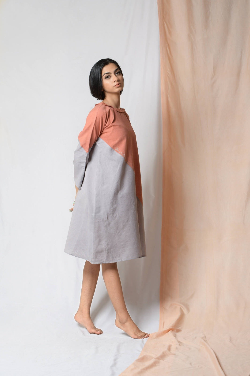 Grey Cotton Khadi Midi Dress by Niraa with Cotton khadi, Evening Wear, Grey, Midi Dresses, Natural with azo dyes, Relaxed Fit, Solids, Tales of rippling brooks, Womenswear at Kamakhyaa for sustainable fashion