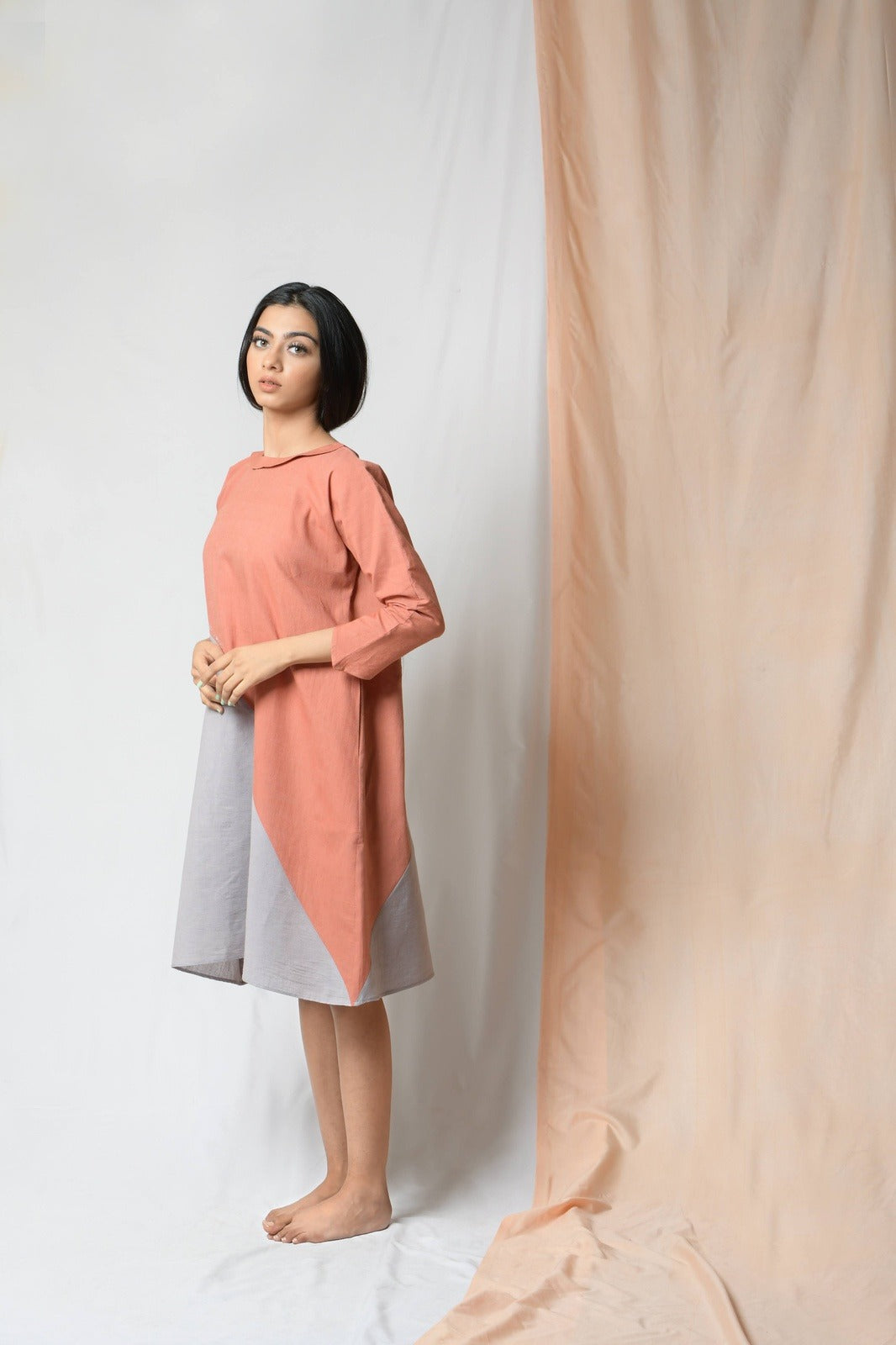 Grey Cotton Khadi Midi Dress by Niraa with Cotton khadi, Evening Wear, Grey, Midi Dresses, Natural with azo dyes, Relaxed Fit, Solids, Tales of rippling brooks, Womenswear at Kamakhyaa for sustainable fashion