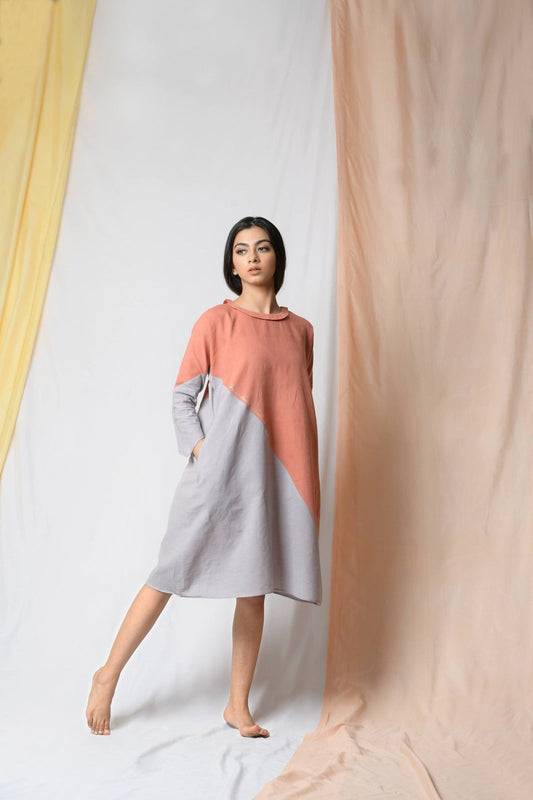 Grey Cotton Khadi Midi Dress by Niraa with Cotton khadi, Evening Wear, Grey, Midi Dresses, Natural with azo dyes, Relaxed Fit, Solids, Tales of rippling brooks, Womenswear at Kamakhyaa for sustainable fashion