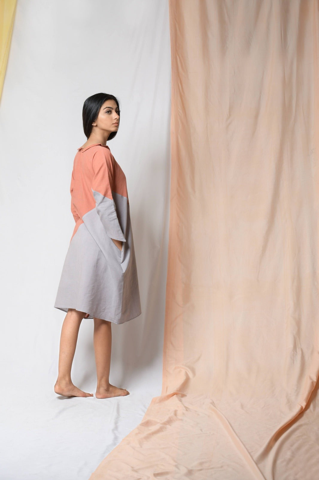 Grey Cotton Khadi Midi Dress by Niraa with Cotton khadi, Evening Wear, Grey, Midi Dresses, Natural with azo dyes, Relaxed Fit, Solids, Tales of rippling brooks, Womenswear at Kamakhyaa for sustainable fashion