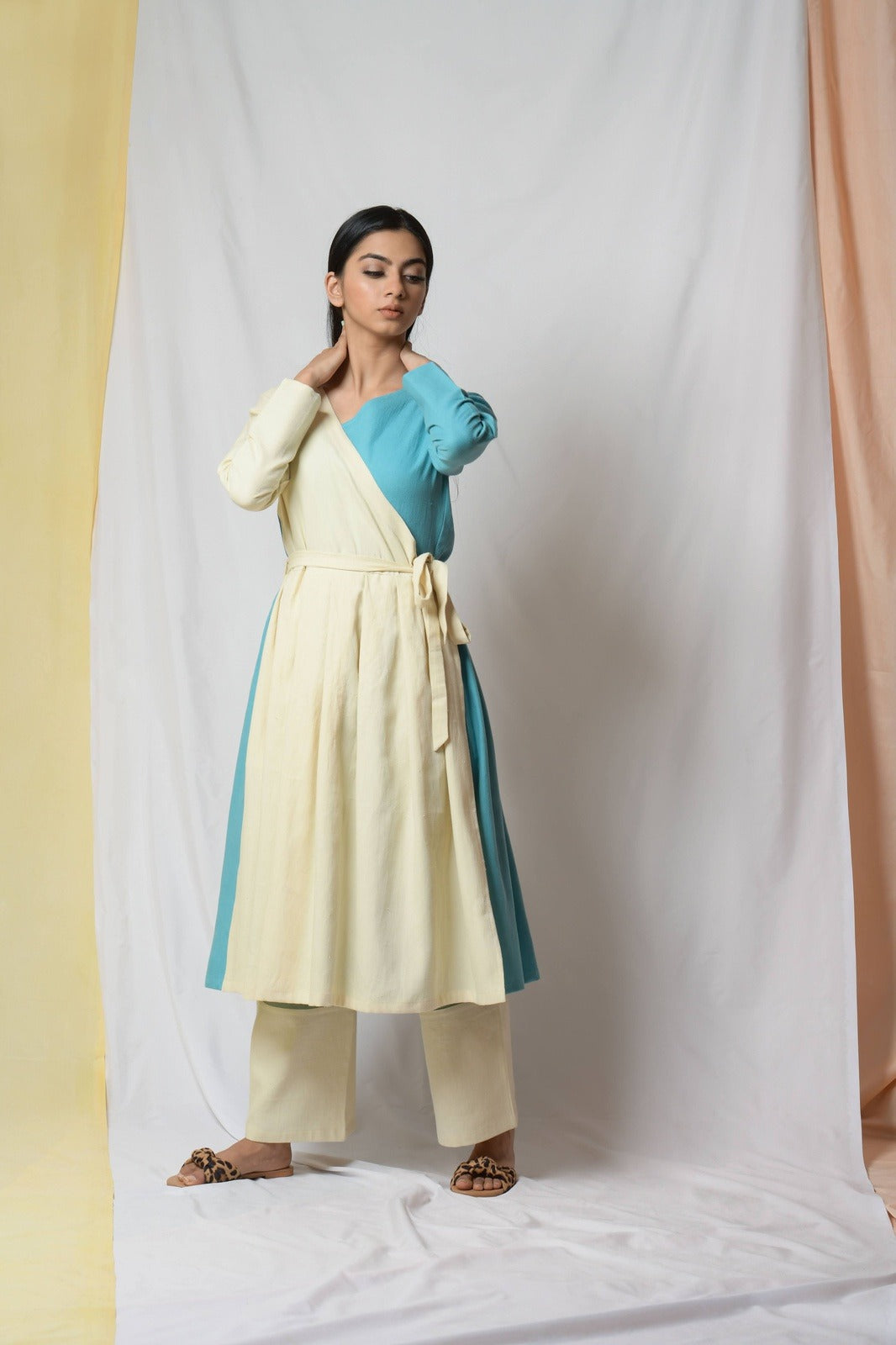 Off-white Dare To Dream Wrap Dress by Niraa with Cotton khadi, Evening Wear, Natural with azo dyes, Off-white, Relaxed Fit, Solids, Tales of rippling brooks, Womenswear, Wrap Dresses at Kamakhyaa for sustainable fashion