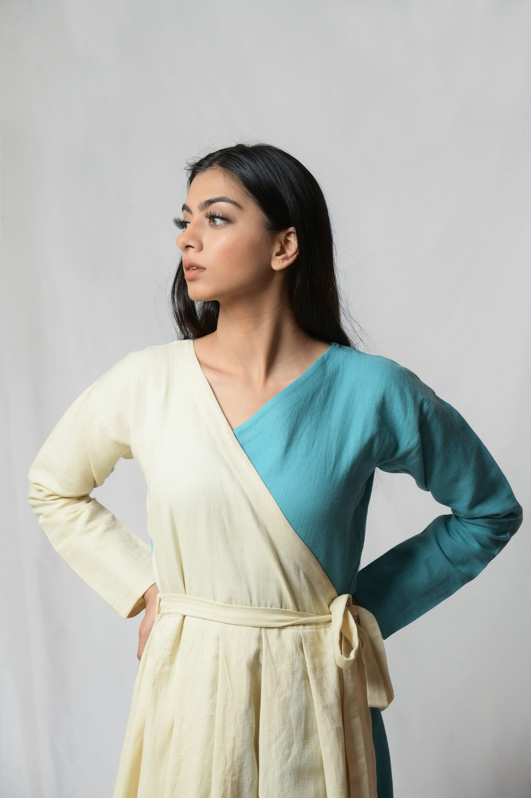 Off-white Dare To Dream Wrap Dress by Niraa with Cotton khadi, Evening Wear, Natural with azo dyes, Off-white, Relaxed Fit, Solids, Tales of rippling brooks, Womenswear, Wrap Dresses at Kamakhyaa for sustainable fashion