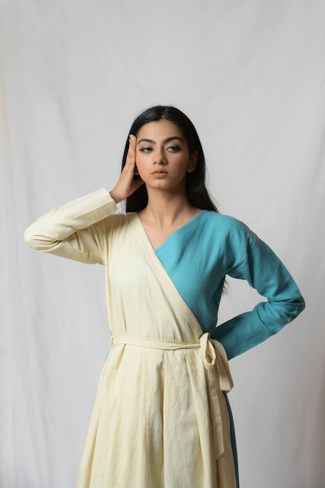 Off-white Dare To Dream Wrap Dress by Niraa with Cotton khadi, Evening Wear, Natural with azo dyes, Off-white, Relaxed Fit, Solids, Tales of rippling brooks, Womenswear, Wrap Dresses at Kamakhyaa for sustainable fashion