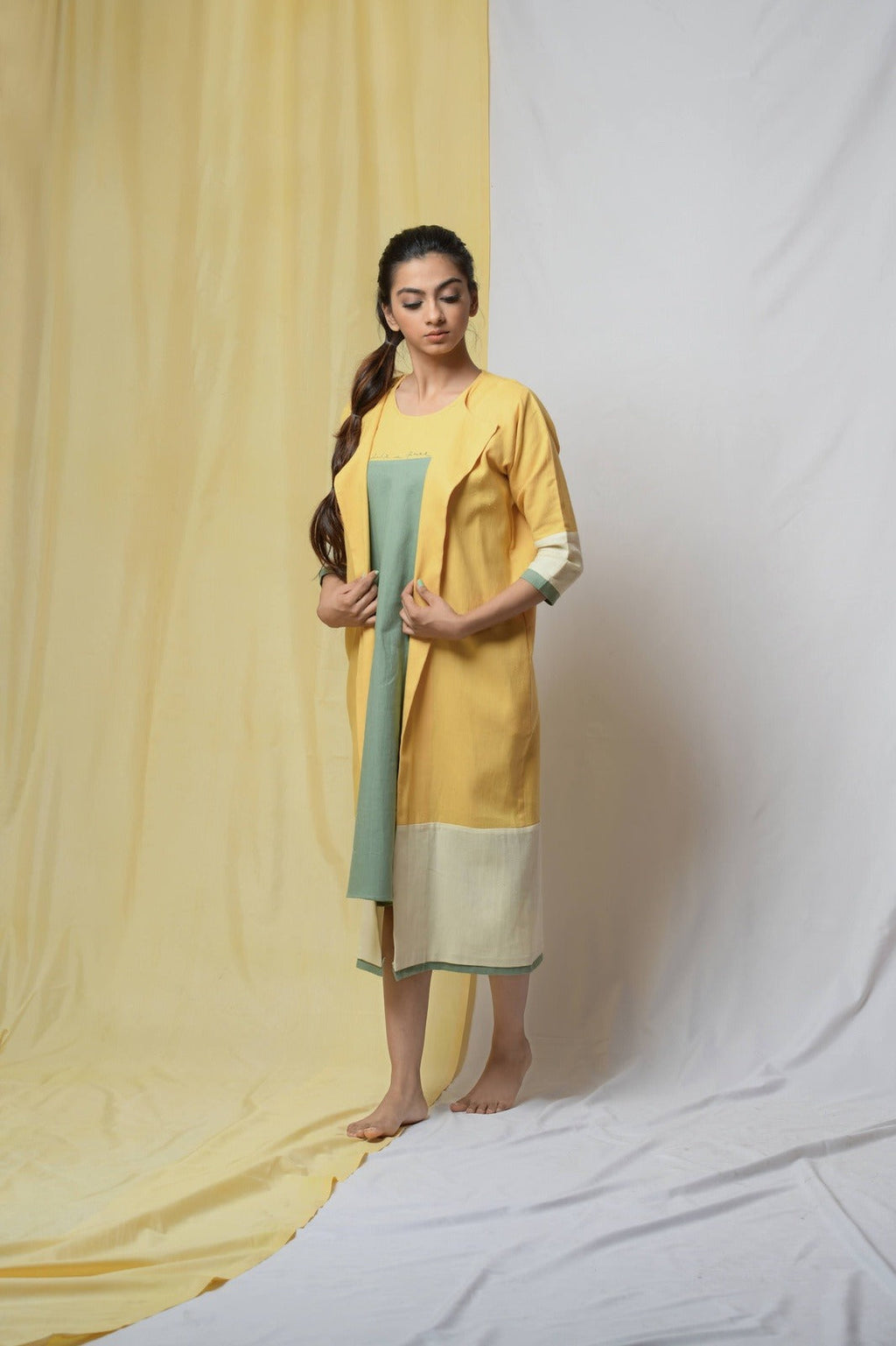Yellow Roving Dunes Jacket by Niraa with Coats, Cotton khadi, Evening Wear, Natural with azo dyes, Relaxed Fit, Solids, Tales of rippling brooks, Womenswear, Yellow at Kamakhyaa for sustainable fashion