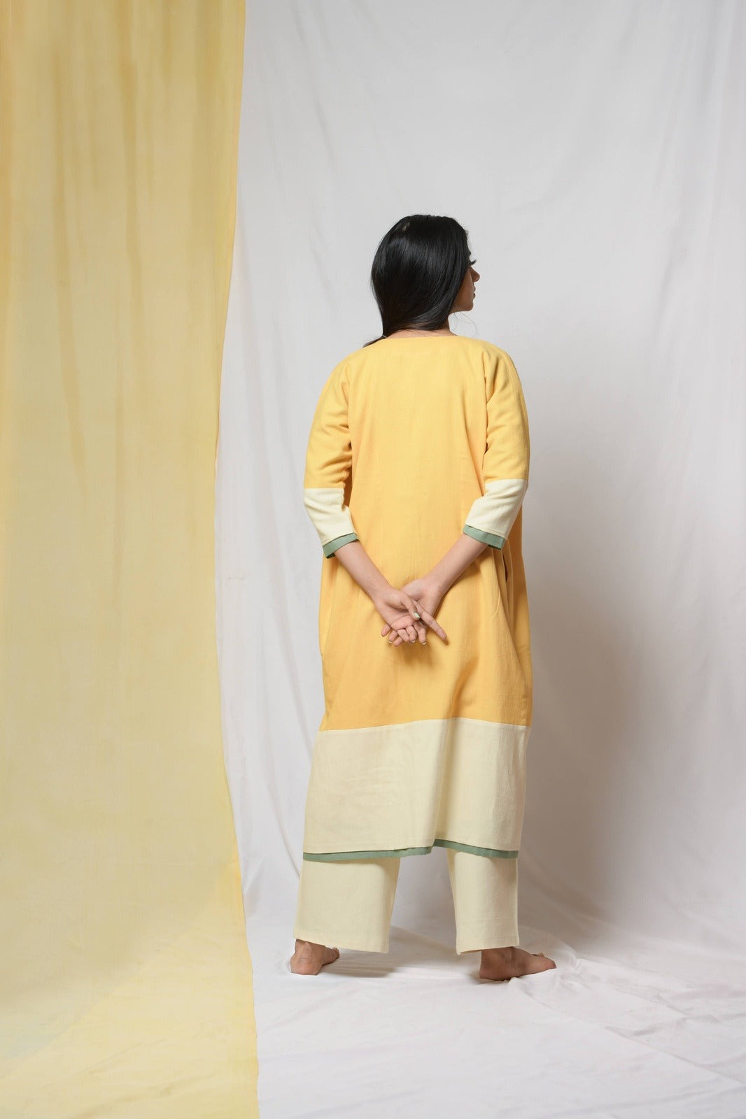 Yellow Roving Dunes Jacket by Niraa with Coats, Cotton khadi, Evening Wear, Natural with azo dyes, Relaxed Fit, Solids, Tales of rippling brooks, Womenswear, Yellow at Kamakhyaa for sustainable fashion