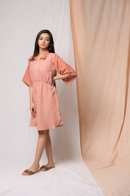 Battle To Breathe Peach Midi Dress by Niraa with Casual Wear, Cotton khadi, Mini Dresses, Natural with azo dyes, Peach, Regular Fit, Shirt Dresses, Solids, Tales of rippling brooks, Womenswear at Kamakhyaa for sustainable fashion