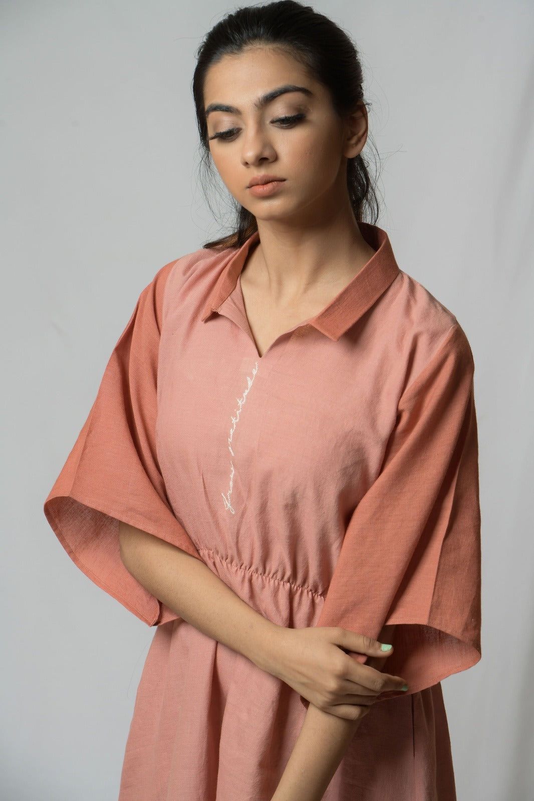 Battle To Breathe Peach Midi Dress by Niraa with Casual Wear, Cotton khadi, Mini Dresses, Natural with azo dyes, Peach, Regular Fit, Shirt Dresses, Solids, Tales of rippling brooks, Womenswear at Kamakhyaa for sustainable fashion
