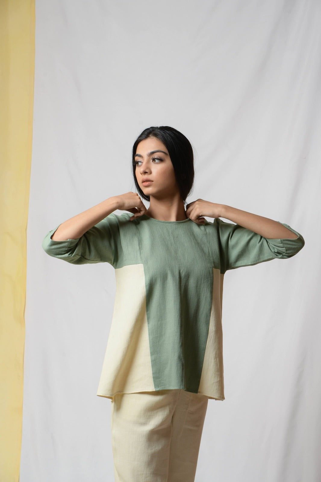 Green Scent Of Earth Tunic Top by Niraa with Blouses, Cotton khadi, Fitted At Bust, Green, Natural with azo dyes, Office Wear, Solids, Tales of rippling brooks, Tops, Womenswear at Kamakhyaa for sustainable fashion