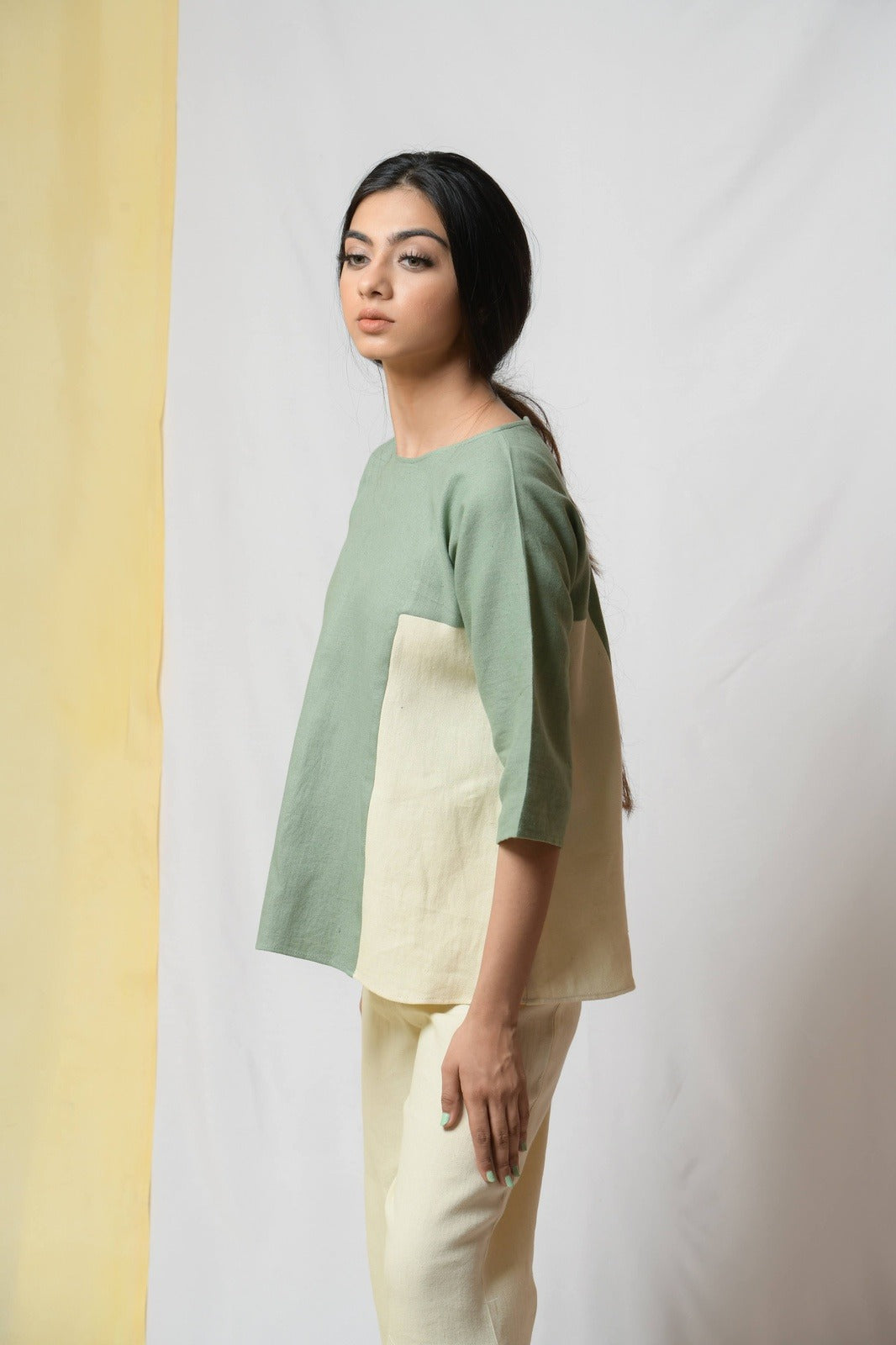 Green Scent Of Earth Tunic Top by Niraa with Blouses, Cotton khadi, Fitted At Bust, Green, Natural with azo dyes, Office Wear, Solids, Tales of rippling brooks, Tops, Womenswear at Kamakhyaa for sustainable fashion