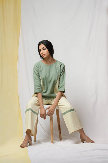 Green Scent Of Earth Tunic Top by Niraa with Blouses, Cotton khadi, Fitted At Bust, Green, Natural with azo dyes, Office Wear, Solids, Tales of rippling brooks, Tops, Womenswear at Kamakhyaa for sustainable fashion