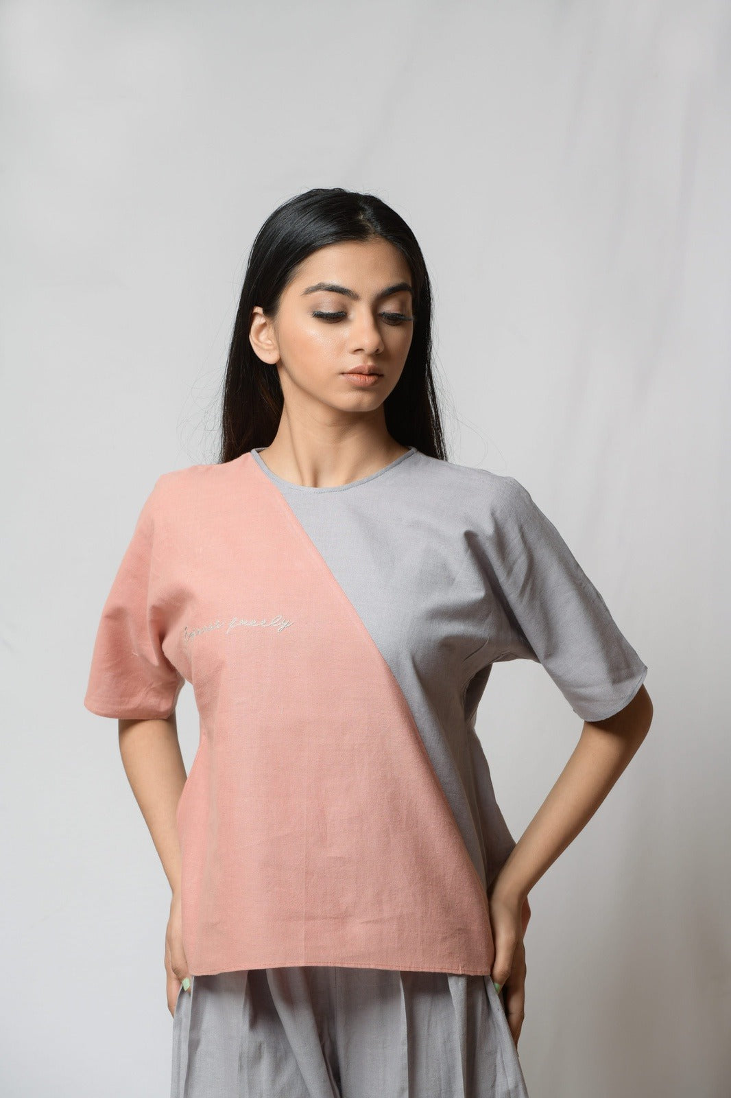 Peach Cotton Khadi Tunic Top by Niraa with Blouses, Casual Wear, Cotton khadi, Fitted At Bust, Multicolor, Natural with azo dyes, Peach, Solids, Tales of rippling brooks, Tops, Womenswear at Kamakhyaa for sustainable fashion
