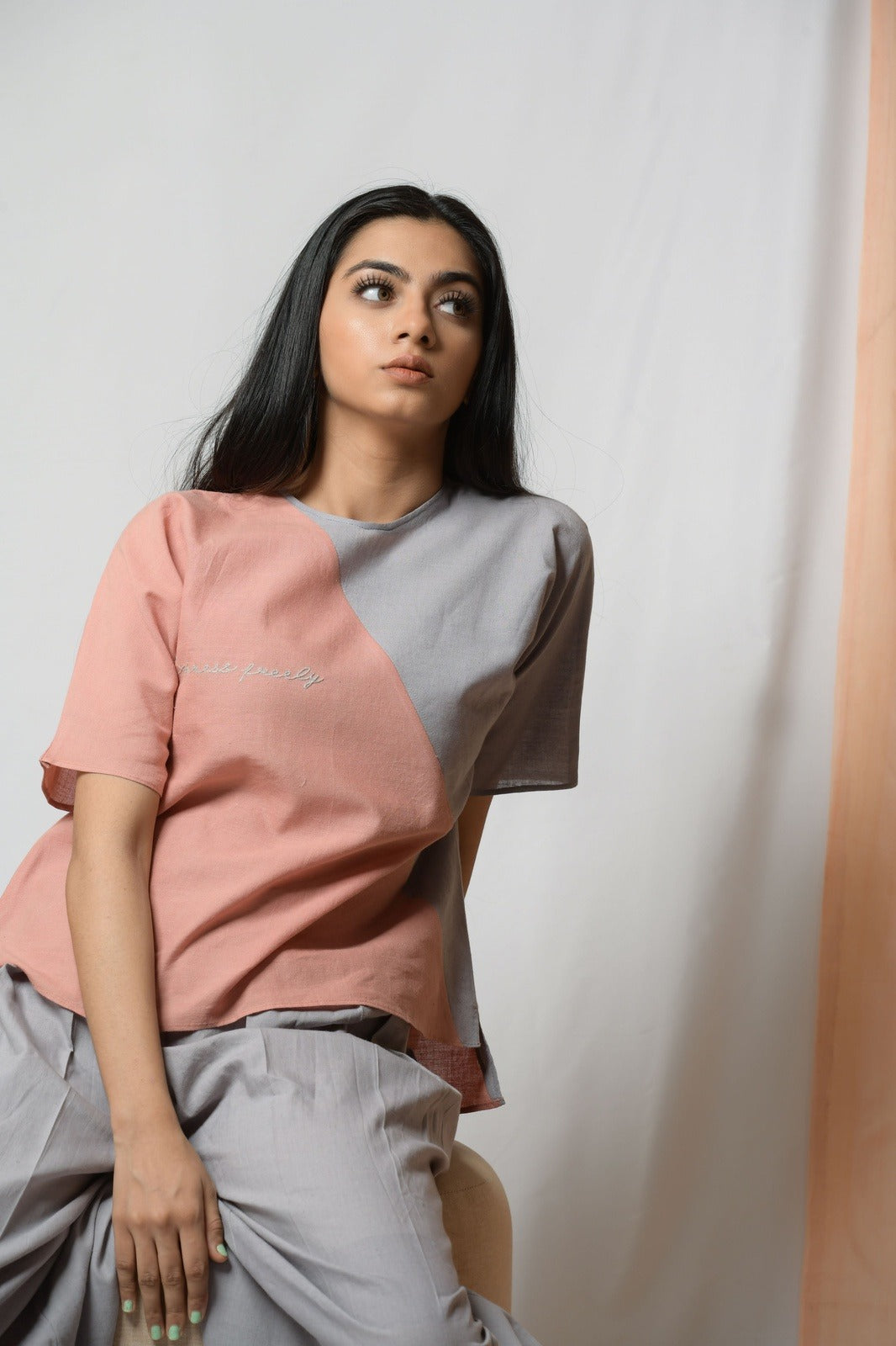 Peach Cotton Khadi Tunic Top by Niraa with Blouses, Casual Wear, Cotton khadi, Fitted At Bust, Multicolor, Natural with azo dyes, Peach, Solids, Tales of rippling brooks, Tops, Womenswear at Kamakhyaa for sustainable fashion