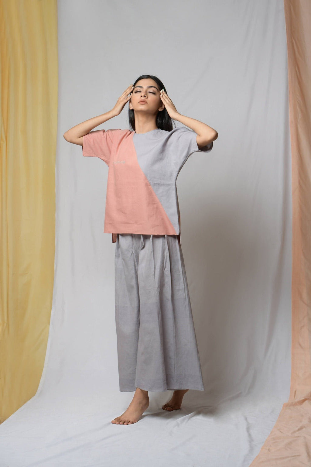 Peach Cotton Khadi Tunic Top by Niraa with Blouses, Casual Wear, Cotton khadi, Fitted At Bust, Multicolor, Natural with azo dyes, Peach, Solids, Tales of rippling brooks, Tops, Womenswear at Kamakhyaa for sustainable fashion