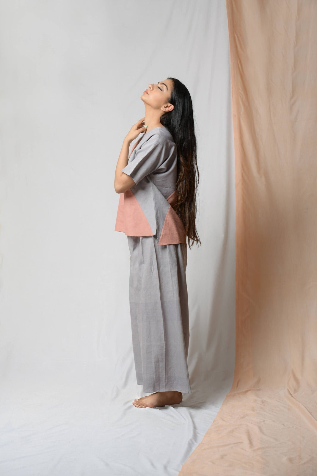 Peach Cotton Khadi Tunic Top by Niraa with Blouses, Casual Wear, Cotton khadi, Fitted At Bust, Multicolor, Natural with azo dyes, Peach, Solids, Tales of rippling brooks, Tops, Womenswear at Kamakhyaa for sustainable fashion