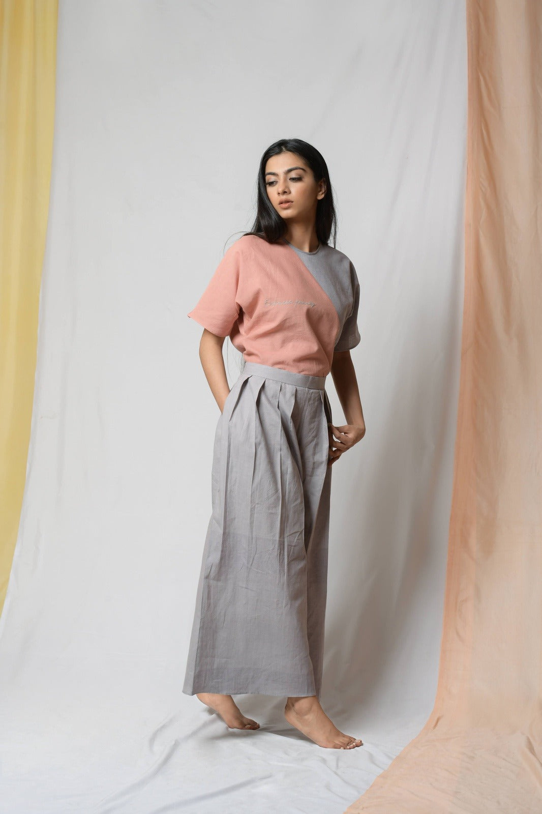 Peach Cotton Khadi Tunic Top by Niraa with Blouses, Casual Wear, Cotton khadi, Fitted At Bust, Multicolor, Natural with azo dyes, Peach, Solids, Tales of rippling brooks, Tops, Womenswear at Kamakhyaa for sustainable fashion