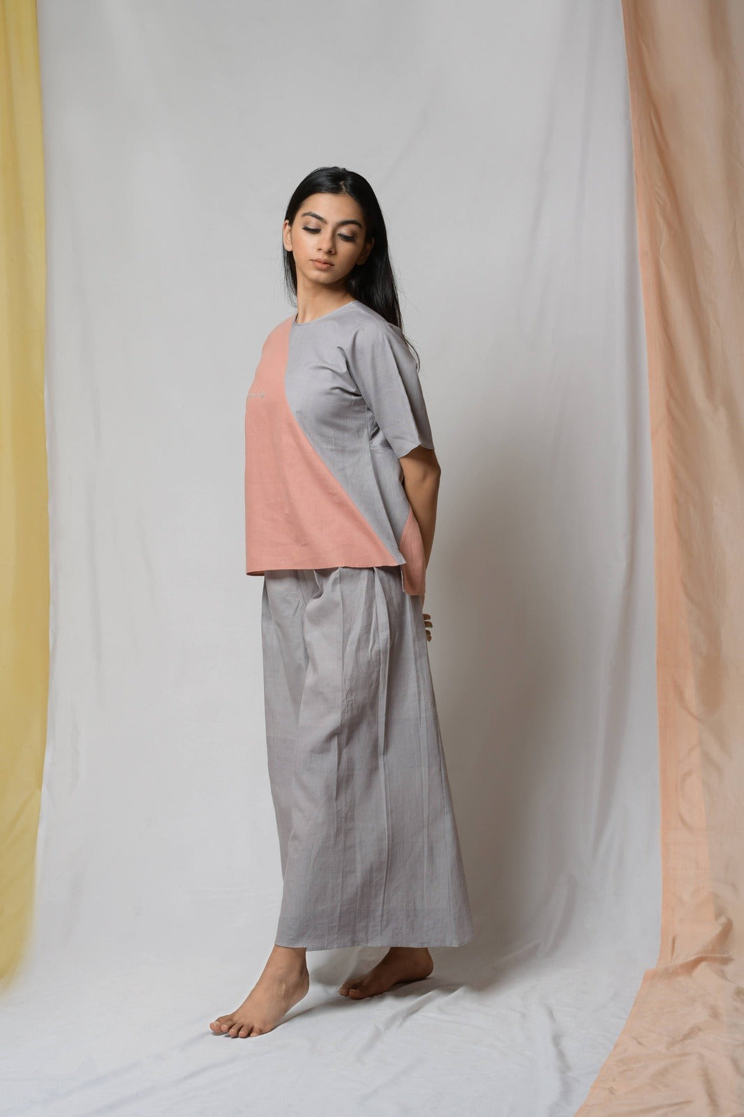 Peach Cotton Khadi Tunic Top by Niraa with Blouses, Casual Wear, Cotton khadi, Fitted At Bust, Multicolor, Natural with azo dyes, Peach, Solids, Tales of rippling brooks, Tops, Womenswear at Kamakhyaa for sustainable fashion