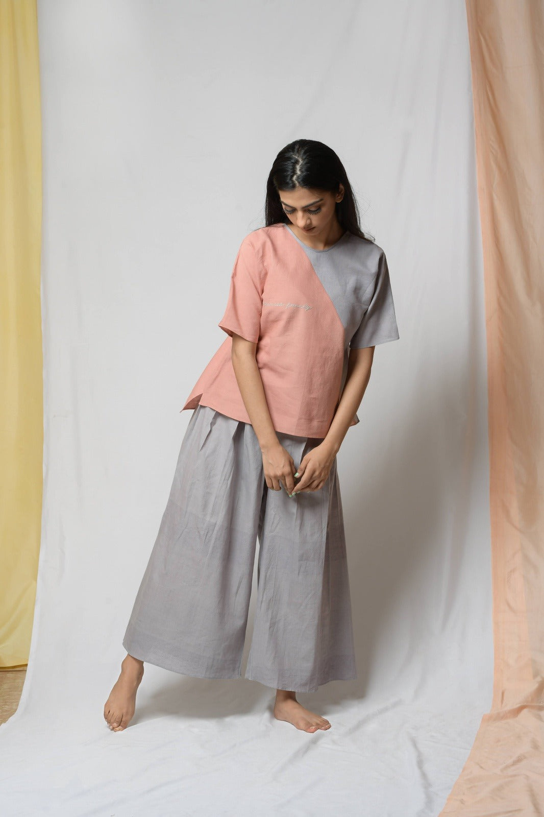 Grey Cotton Khadi Pants by Niraa with Casual Wear, Cotton khadi, Grey, Natural with azo dyes, Palazzo Pants, Relaxed Fit, Solids, Tales of rippling brooks, Womenswear at Kamakhyaa for sustainable fashion