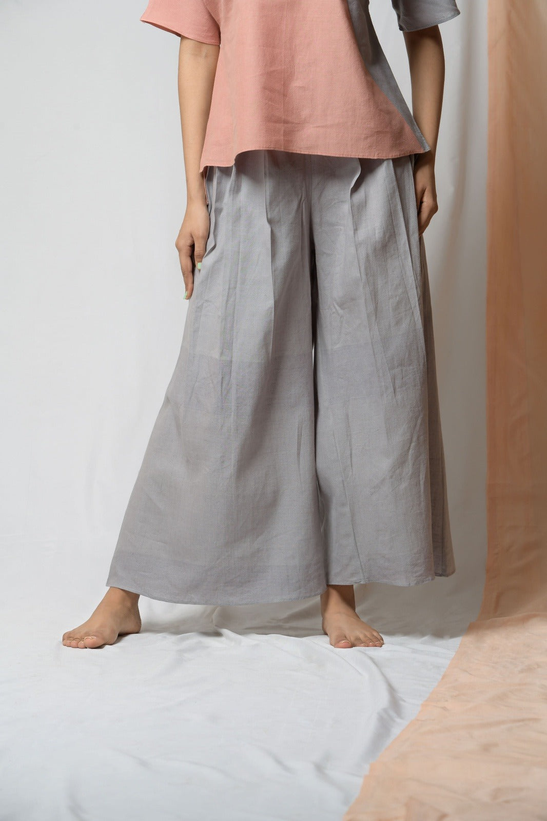 Grey Cotton Khadi Pants by Niraa with Casual Wear, Cotton khadi, Grey, Natural with azo dyes, Palazzo Pants, Relaxed Fit, Solids, Tales of rippling brooks, Womenswear at Kamakhyaa for sustainable fashion