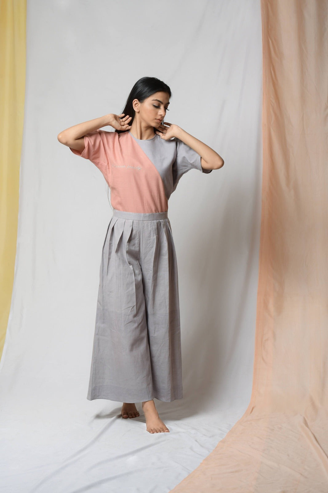 Grey Cotton Khadi Pants by Niraa with Casual Wear, Cotton khadi, Grey, Natural with azo dyes, Palazzo Pants, Relaxed Fit, Solids, Tales of rippling brooks, Womenswear at Kamakhyaa for sustainable fashion
