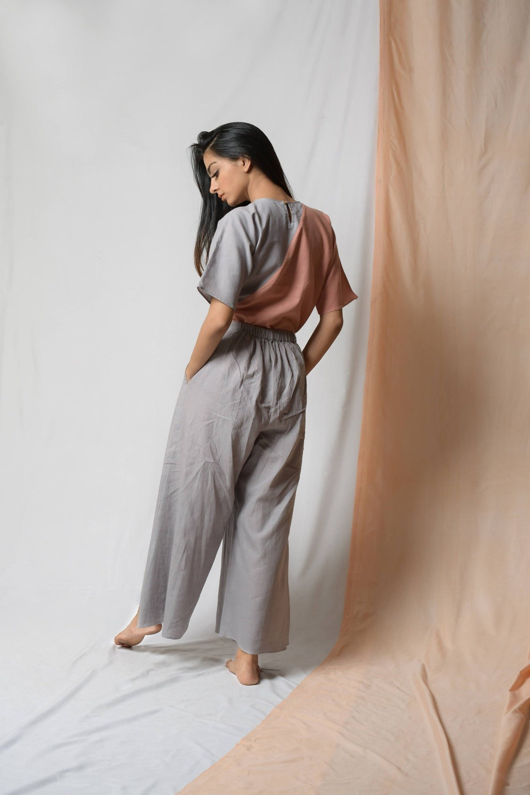 Grey Cotton Khadi Pants by Niraa with Casual Wear, Cotton khadi, Grey, Natural with azo dyes, Palazzo Pants, Relaxed Fit, Solids, Tales of rippling brooks, Womenswear at Kamakhyaa for sustainable fashion