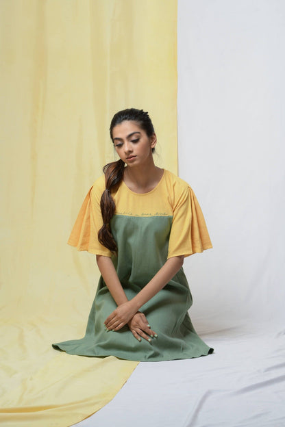 Green Estella Maxi Dress by Niraa with Casual Wear, Cotton khadi, Fitted At Bust, Green, Midi Dresses, Natural with azo dyes, Solids, Tales of rippling brooks, Womenswear at Kamakhyaa for sustainable fashion