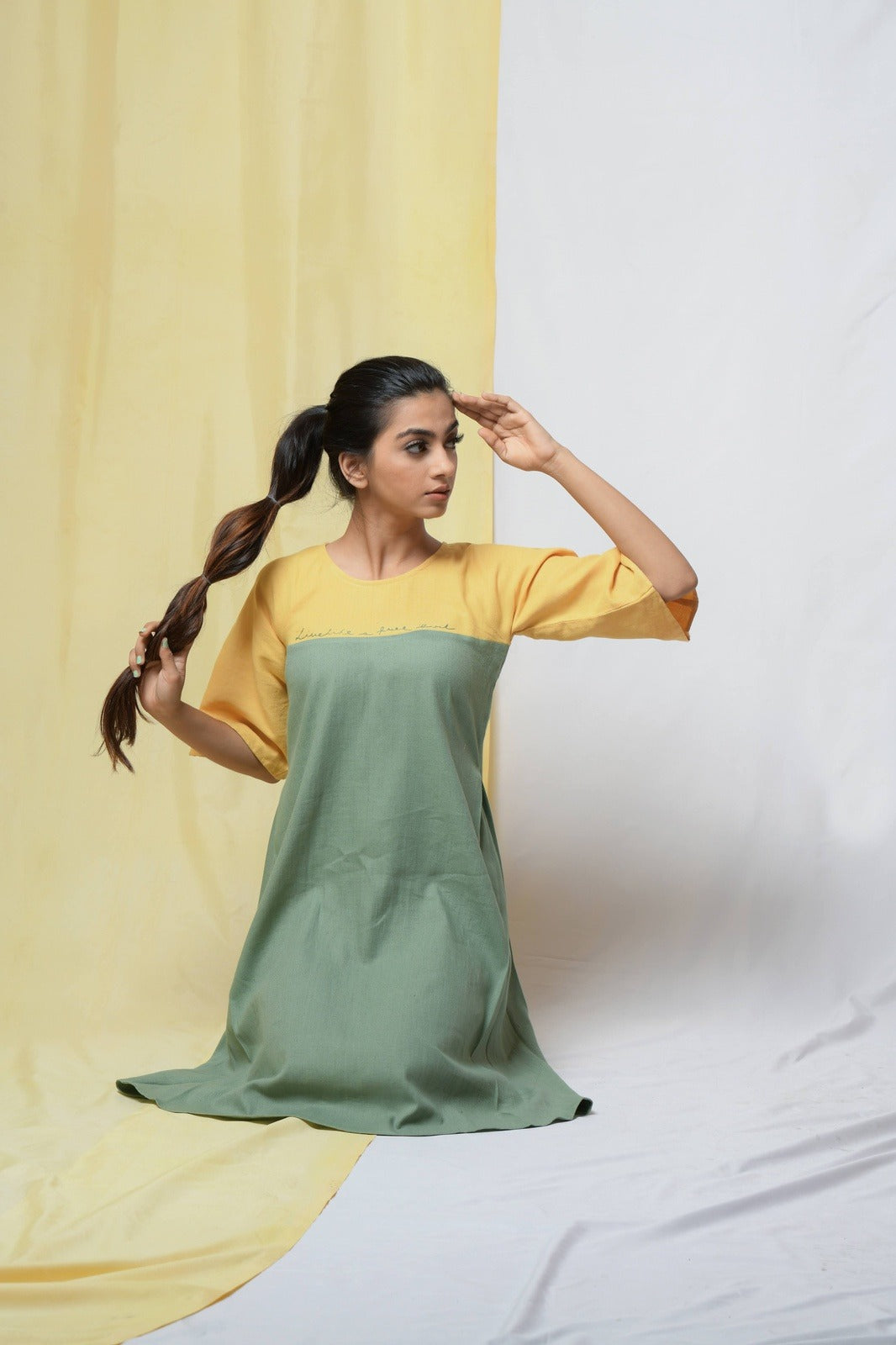 Green Estella Maxi Dress by Niraa with Casual Wear, Cotton khadi, Fitted At Bust, Green, Midi Dresses, Natural with azo dyes, Solids, Tales of rippling brooks, Womenswear at Kamakhyaa for sustainable fashion