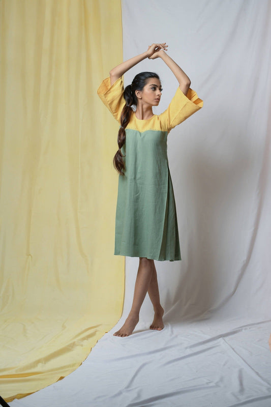 Green Estella Maxi Dress by Niraa with Casual Wear, Cotton khadi, Fitted At Bust, Green, Midi Dresses, Natural with azo dyes, Solids, Tales of rippling brooks, Womenswear at Kamakhyaa for sustainable fashion