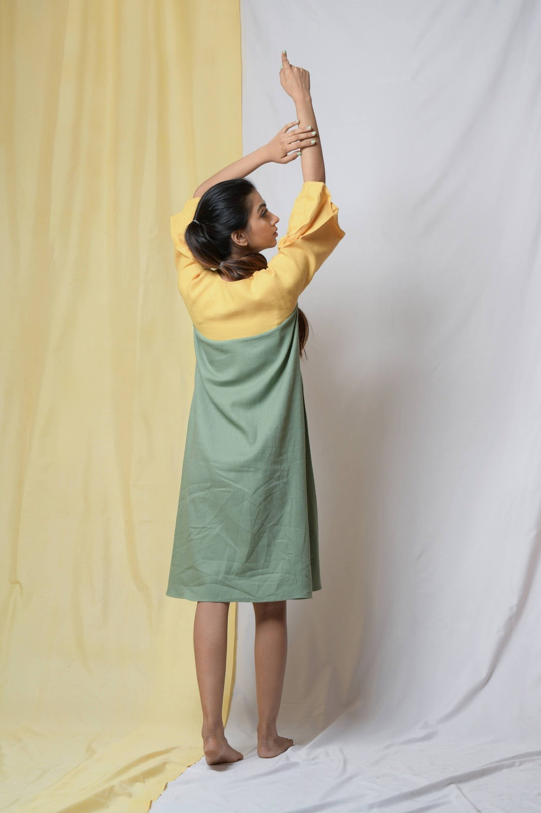 Green Estella Maxi Dress by Niraa with Casual Wear, Cotton khadi, Fitted At Bust, Green, Midi Dresses, Natural with azo dyes, Solids, Tales of rippling brooks, Womenswear at Kamakhyaa for sustainable fashion