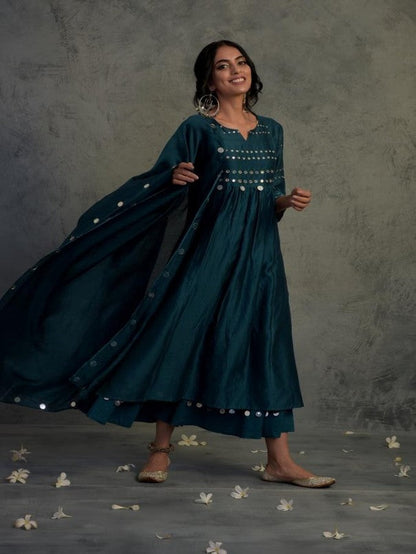 Teal Blue Gathered Kurta Set by Charkhee with Blue, Chanderi, Cotton, Embellished, Ethnic Wear, Indian Wear, Kurta Palazzo Sets, Kurta Set With Dupatta, Mirror Work, Natural, Relaxed Fit, Tyohaar by Charkhee, Womenswear at Kamakhyaa for sustainable fashion