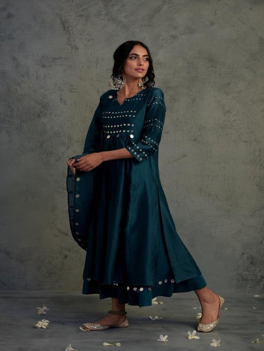 Teal Blue Gathered Kurta Set by Charkhee with Blue, Chanderi, Cotton, Embellished, Ethnic Wear, Indian Wear, Kurta Palazzo Sets, Kurta Set With Dupatta, Mirror Work, Natural, Relaxed Fit, Tyohaar by Charkhee, Womenswear at Kamakhyaa for sustainable fashion