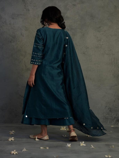 Teal Blue Gathered Kurta Set by Charkhee with Blue, Chanderi, Cotton, Embellished, Ethnic Wear, Indian Wear, Kurta Palazzo Sets, Kurta Set With Dupatta, Mirror Work, Natural, Relaxed Fit, Tyohaar by Charkhee, Womenswear at Kamakhyaa for sustainable fashion