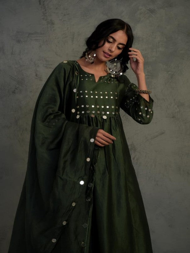 Bottle Green Gathered Kurta Set by Charkhee with Chanderi, Cotton, Embellished, Ethnic Wear, Green, Indian Wear, Kurta Palazzo Sets, Kurta Set With Dupatta, Mirror Work, Natural, Relaxed Fit, Tyohaar by Charkhee, Womenswear at Kamakhyaa for sustainable fashion