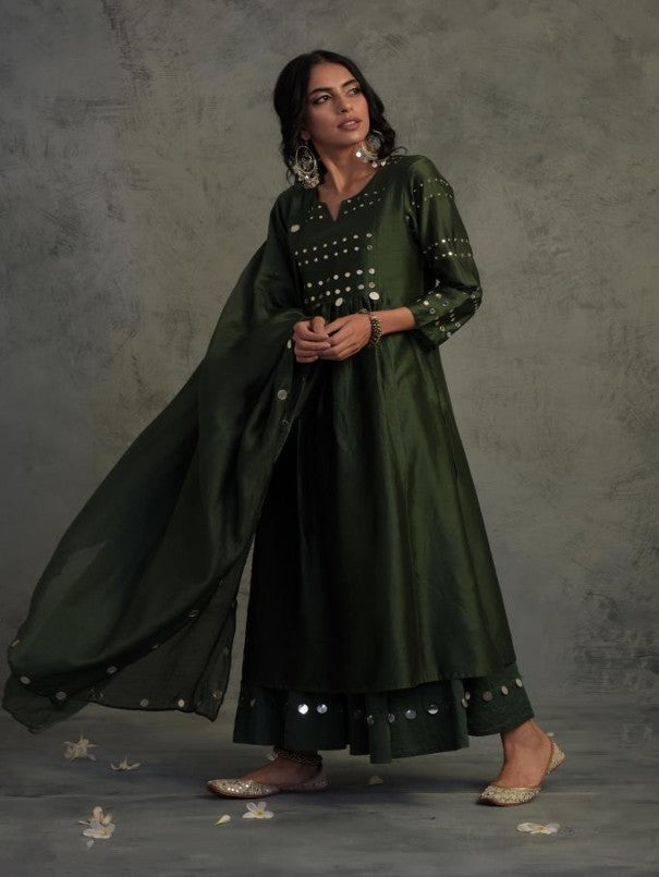 Bottle Green Gathered Kurta Set by Charkhee with Chanderi, Cotton, Embellished, Ethnic Wear, Green, Indian Wear, Kurta Palazzo Sets, Kurta Set With Dupatta, Mirror Work, Natural, Relaxed Fit, Tyohaar by Charkhee, Womenswear at Kamakhyaa for sustainable fashion
