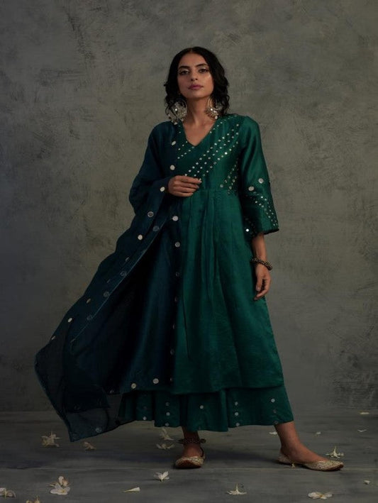 Green Bell Sleeve Kurta Set by Charkhee with Chanderi, Cotton, Embellished, Ethnic Wear, Green, Indian Wear, Kurta Palazzo Sets, Kurta Set With Dupatta, Mirror Work, Natural, Relaxed Fit, Tyohaar by Charkhee, Womenswear at Kamakhyaa for sustainable fashion