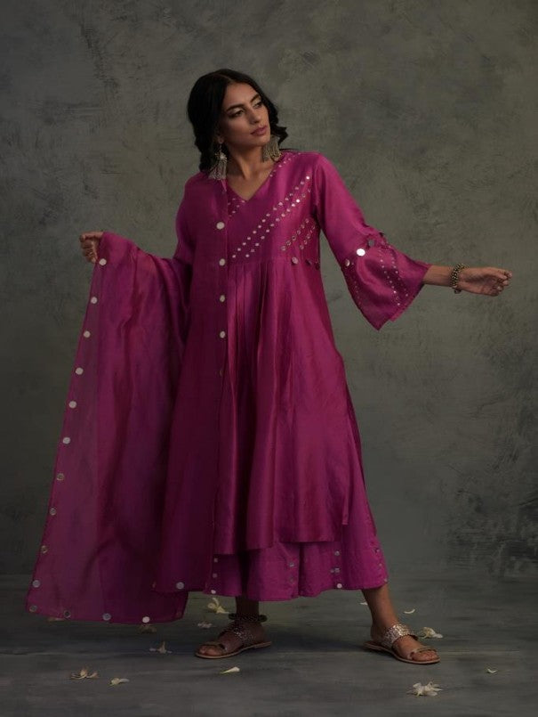 Bright Pink Bell Sleeve Kurta Set by Charkhee with Chanderi, Cotton, Embellished, Ethnic Wear, Indian Wear, Kurta Palazzo Sets, Kurta Set With Dupatta, Mirror Work, Natural, Pink, Relaxed Fit, Tyohaar by Charkhee, Womenswear at Kamakhyaa for sustainable fashion