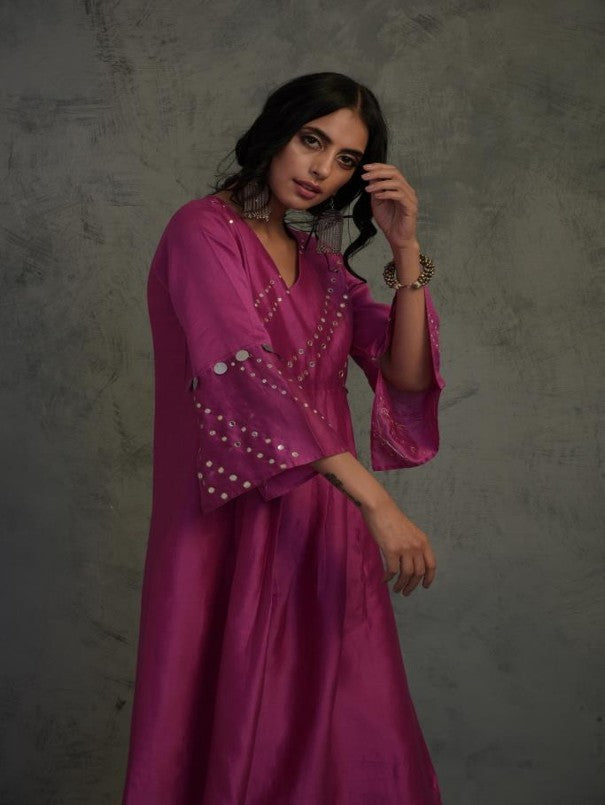Bright Pink Bell Sleeve Kurta Set by Charkhee with Chanderi, Cotton, Embellished, Ethnic Wear, Indian Wear, Kurta Palazzo Sets, Kurta Set With Dupatta, Mirror Work, Natural, Pink, Relaxed Fit, Tyohaar by Charkhee, Womenswear at Kamakhyaa for sustainable fashion