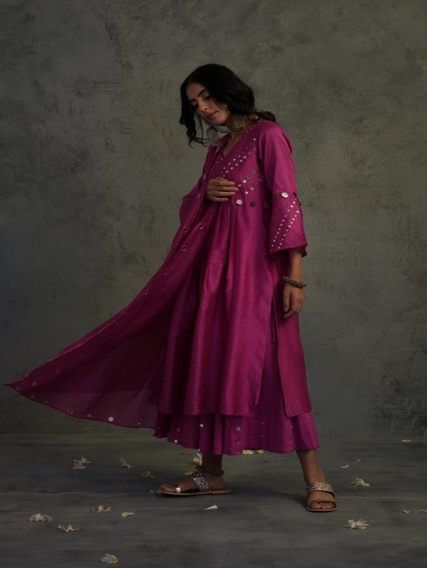 Bright Pink Bell Sleeve Kurta Set by Charkhee with Chanderi, Cotton, Embellished, Ethnic Wear, Indian Wear, Kurta Palazzo Sets, Kurta Set With Dupatta, Mirror Work, Natural, Pink, Relaxed Fit, Tyohaar by Charkhee, Womenswear at Kamakhyaa for sustainable fashion