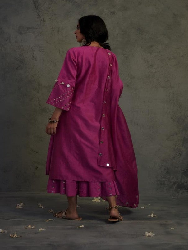 Bright Pink Bell Sleeves Kurta Set by Charkhee with Chanderi, Cotton, Embellished, Ethnic Wear, Indian Wear, Kurta Palazzo Sets, Kurta Set With Dupatta, Mirror Work, Natural, Pink, Relaxed Fit, Tyohaar by Charkhee, Womenswear at Kamakhyaa for sustainable fashion