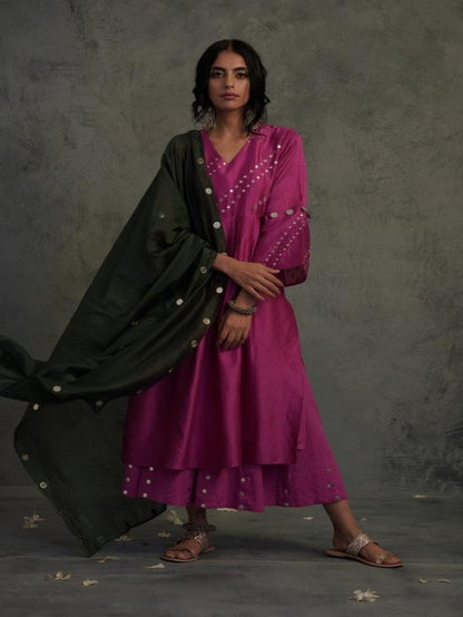 Bright Pink Bell Sleeves Kurta Set by Charkhee with Chanderi, Cotton, Embellished, Ethnic Wear, Indian Wear, Kurta Palazzo Sets, Kurta Set With Dupatta, Mirror Work, Natural, Pink, Relaxed Fit, Tyohaar by Charkhee, Womenswear at Kamakhyaa for sustainable fashion