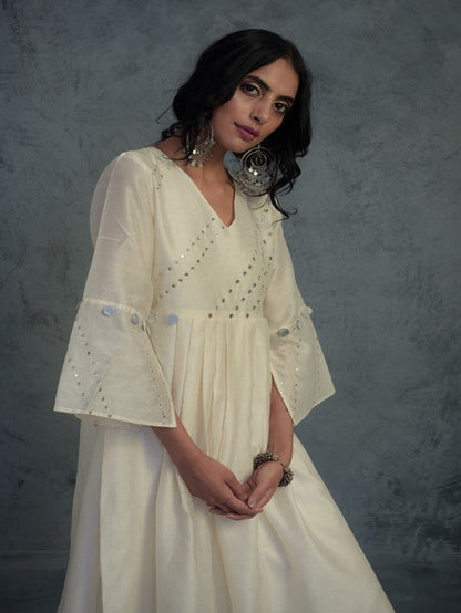 Off-white Bell Sleeves Kurta Set by Charkhee with Chanderi, Cotton, Embellished, Ethnic Wear, Indian Wear, Kurta Palazzo Sets, Kurta Set With Dupatta, Mirror Work, Natural, Relaxed Fit, Tyohaar by Charkhee, White, Womenswear at Kamakhyaa for sustainable fashion