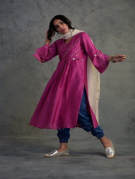 Pop Pink Chanderi Set With Jogger by Charkhee with Chanderi, Cotton, Embellished, Ethnic Wear, Indian Wear, Kurta Salwar Sets, Kurta Set With Dupatta, Mirror Work, Natural, Pink, Relaxed Fit, Tyohaar by Charkhee, Womenswear at Kamakhyaa for sustainable fashion
