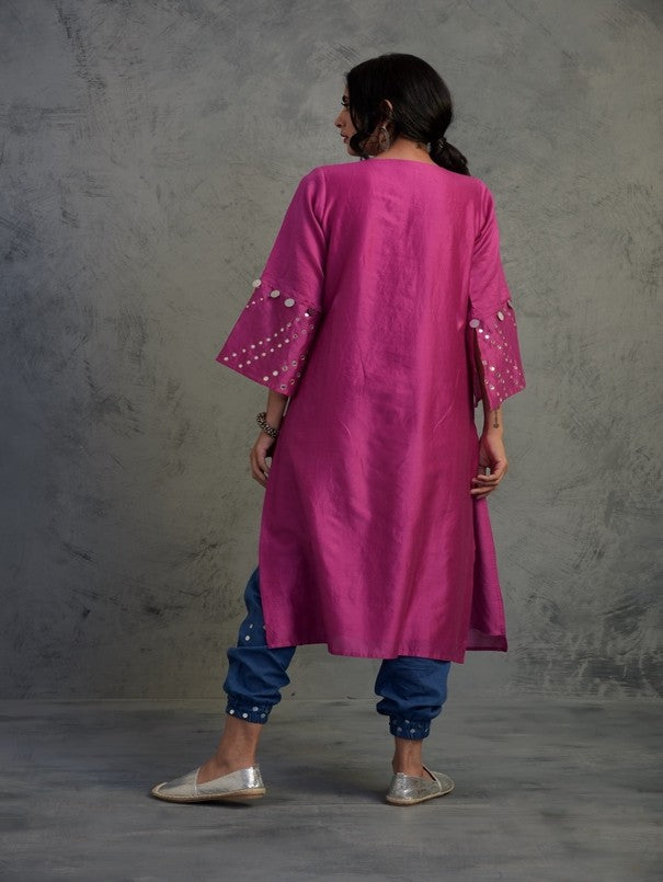 Pop Pink Chanderi Set With Jogger by Charkhee with Chanderi, Cotton, Embellished, Ethnic Wear, Indian Wear, Kurta Salwar Sets, Kurta Set With Dupatta, Mirror Work, Natural, Pink, Relaxed Fit, Tyohaar by Charkhee, Womenswear at Kamakhyaa for sustainable fashion