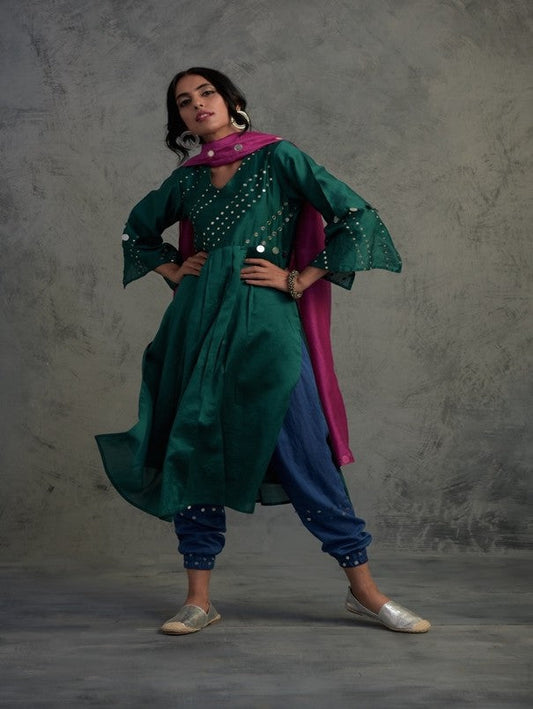 Pop Green kurta Set With Jogger by Charkhee with Chanderi, Cotton, Embellished, Ethnic Wear, Green, Indian Wear, Kurta Salwar Sets, Kurta Set With Dupatta, Mirror Work, Natural, Relaxed Fit, Tyohaar by Charkhee, Womenswear at Kamakhyaa for sustainable fashion